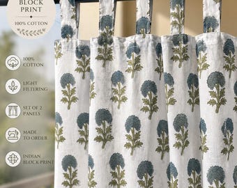 Block Print Curtains, Cotton Floral Curtain Panels, Indian Hand Block Drapes, Farmhouse Window Curtains, Custom Size