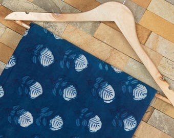Indigo Block Print Cotton Fabric, Soft Natural Dyed, Sewing Fabric by the Yard