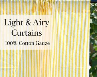 Yellow Striped Cotton Gauze Curtains, Light Filtering Boho Drapes, Farmhouse Window Panels, Custom Size
