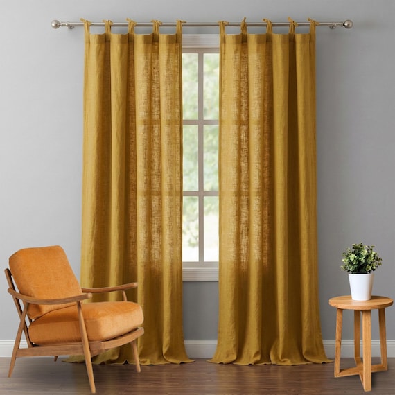 Mustard Yellow 100% Cotton Curtain, Soft Washed Window Drapes, Custom Size Tie Top Curtain