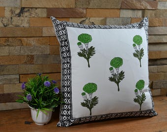 Hand Block Print Cotton Pillow Cover, Indian Boho Botanical Accent Decor