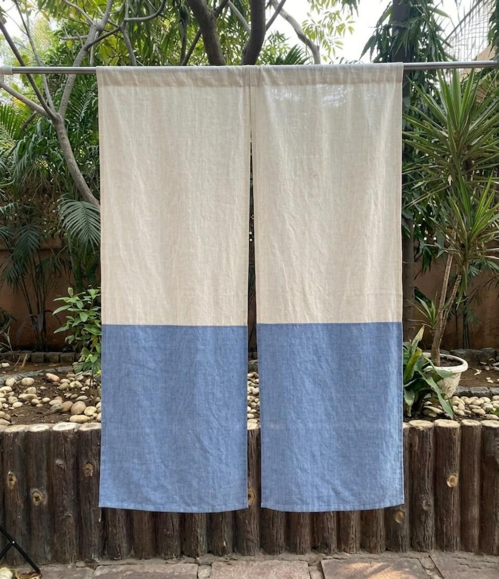 Natural Cotton Noren Curtain, Color Block Boho Room Divider - 36" W x 55" L, natural dusty blue