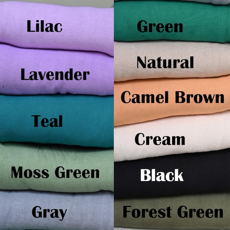 May include: A stack of fabric swatches in various colors, including lilac, lavender, teal, moss green, and gray on the left, and green, natural, camel brown, cream, black, and forest green on the right. Each swatch is labeled with its color name.