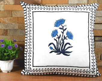 Mughal Flower Print Cotton Cushion Cover, Hand Block Printed