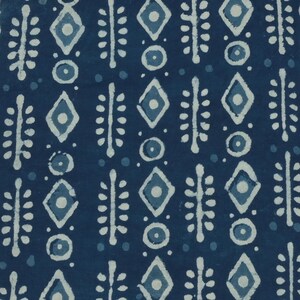 Może przedstawiać: Zbliżenie tkaniny z powtarzającym się wzorem białych i jasnoniebieskich kształtów geometrycznych na ciemnoniebieskim tle. Wzór zawiera romby, okręgi i pionowe linie z kropkami.