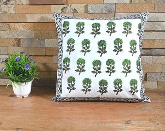 Green Block Print Pillow Cover, Floral Cotton Cushion Cover, Boho Farmhouse Decor