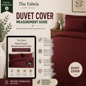 Op de afbeelding: Een digitale PDF-gids getiteld The Fabria Home Textiles Duvet Cover Measurement Guide. Het document bevat stapsgewijze instructies, meettips en een printbaar werkblad voor het selecteren van de juiste maat dekbedovertrek.