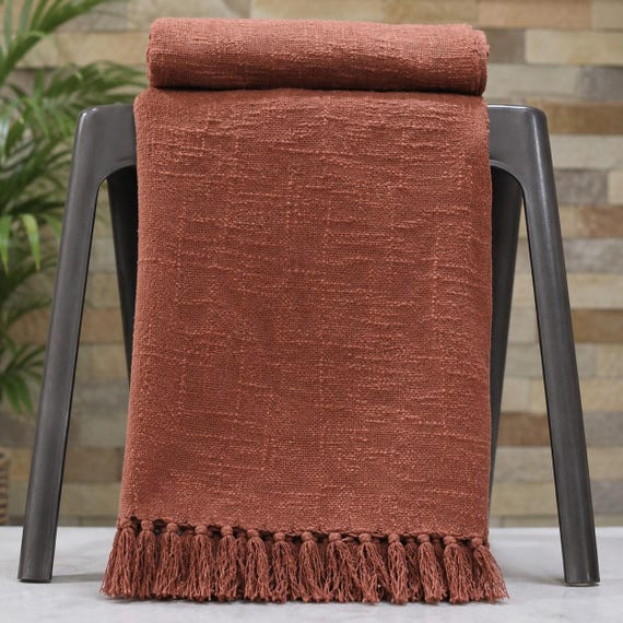 Rust Brown Cotton Throw Blanket, Boho Tasseled Bedspread, Hand-loomed Sofa Couch Cover