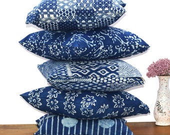 Indigo Print Pillow Cover, Hand Block Print Cotton, Boho Cushion Covers