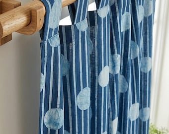 Hand Block Print Cotton Curtains, Indigo Stripe & Polka Dot Drapes, Boho Farmhouse Window Panels, Kitchen Curtains