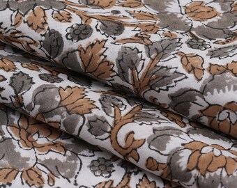 Hand Block Print Cotton Fabric By The Yard, Brown Grey Floral Indian Fabric, Upholstery Fabric, Curtain Fabric, Home Decor Fabric