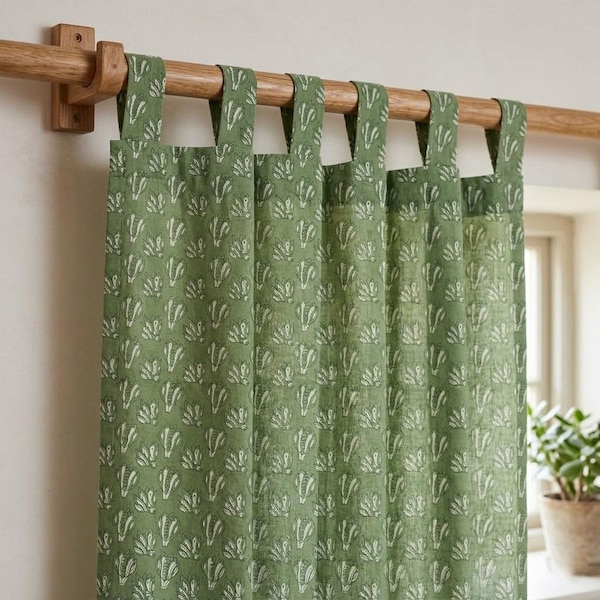 Sage Green Block Print Curtain, Tab Top Cotton Drapes, Hand Block Printed Window Panel, Boho Farmhouse Curtain, Custom Size Curtain