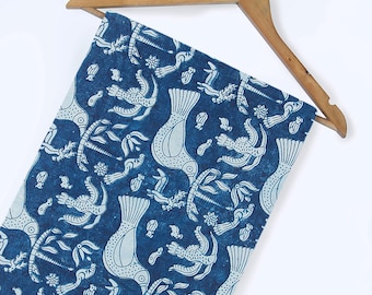 Indigo Bird Print Fabric Cotton, Indian Hand Block Printed, Soft Cotton, By the Yard