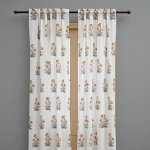 Hand Block Printed Cotton Curtains, Mughal Floral Print, Farmhouse Style, Set of 2 Panels