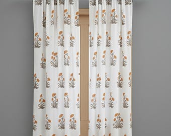 Hand Block Printed Cotton Curtains, Mughal Floral Print, Farmhouse Style, Set of 2 Panels