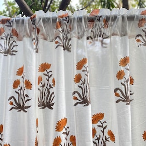 Set of 2 Cotton Hand Block Curtain Panels, Mughal Floral Print Drapes for Bedroom Living Room, Farmhouse Decor Curtains Window Treatments