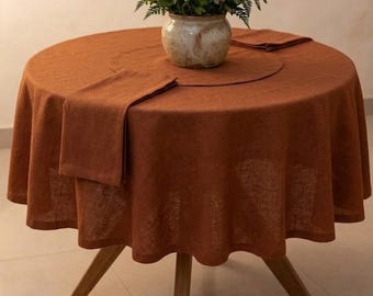 Rust Terracotta Stonewashed Cotton Round Tablecloth, Boho Farmhouse Dining Linen
