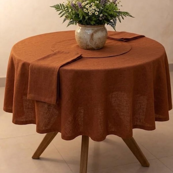 Rust Terracotta Stonewashed Cotton Round Tablecloth, Boho Farmhouse Dining Linen