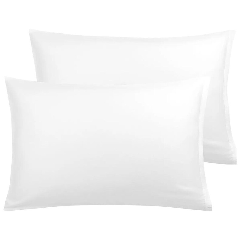 May include: Two white pillowcases, made of soft, smooth fabric. The pillowcases are clean and wrinkle-free.