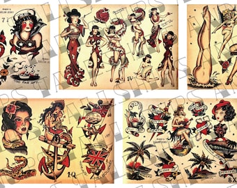 May include: A vintage sheet of traditional tattoo flash art featuring various designs, including pin-up girls, nautical themes, and animals. The designs are in black, red, and blue ink on a cream-colored background.