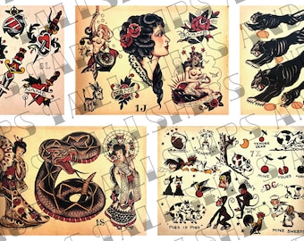 May include: A collection of vintage tattoo flash sheets featuring various designs, including hearts, daggers, anchors, roses, panthers, snakes, a woman with a rose in her hair, a geisha, and a monkey. The sheets are printed on aged paper with a yellowed hue.