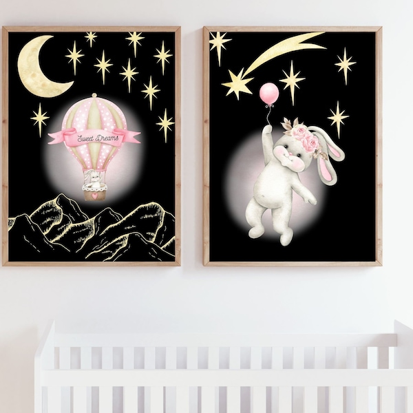 Adorable Baby Girl Nursery Wall Art - Sweet Dreams, Moon, Stars - Printable | Whimsical Pink Nursery Wall Art - Bunny, Flowers, Balloon