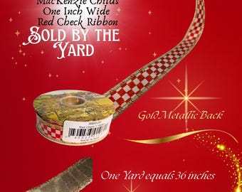 MacKenzie-Childs Red Check Ribbon Gold Metallic - 1" Wide, SOLD by THE YARD