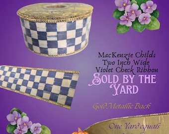 MacKenzie Childs Violet Check Ribbon Gold Metallic Trim 2" Wide, SOLD by THE YARD
