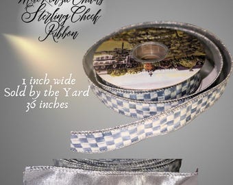 MacKenzie Childs Sterling Check Ribbon One Inch Wide Wired SOLD by THE YARD Gray Silver
