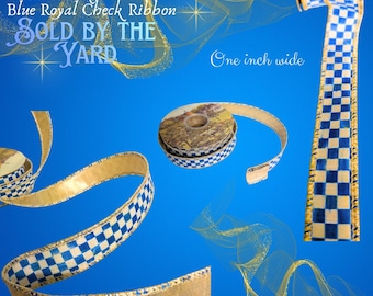MacKenzie-Childs Blue Royal Check 1" Ribbon, Gold Metallic Back (By The Yard)