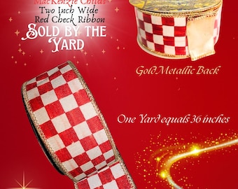 MacKenzie Childs Red Check Ribbon Gold Metallic Trim, 2" Wide, SOLD by THE YARD
