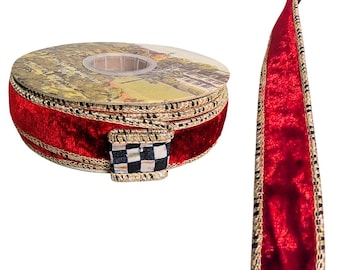 MacKenzie-Childs Red Velvet Courtly Check Ribbon Wired - 1" Wide, Christmas Magic - SOLD by YARD