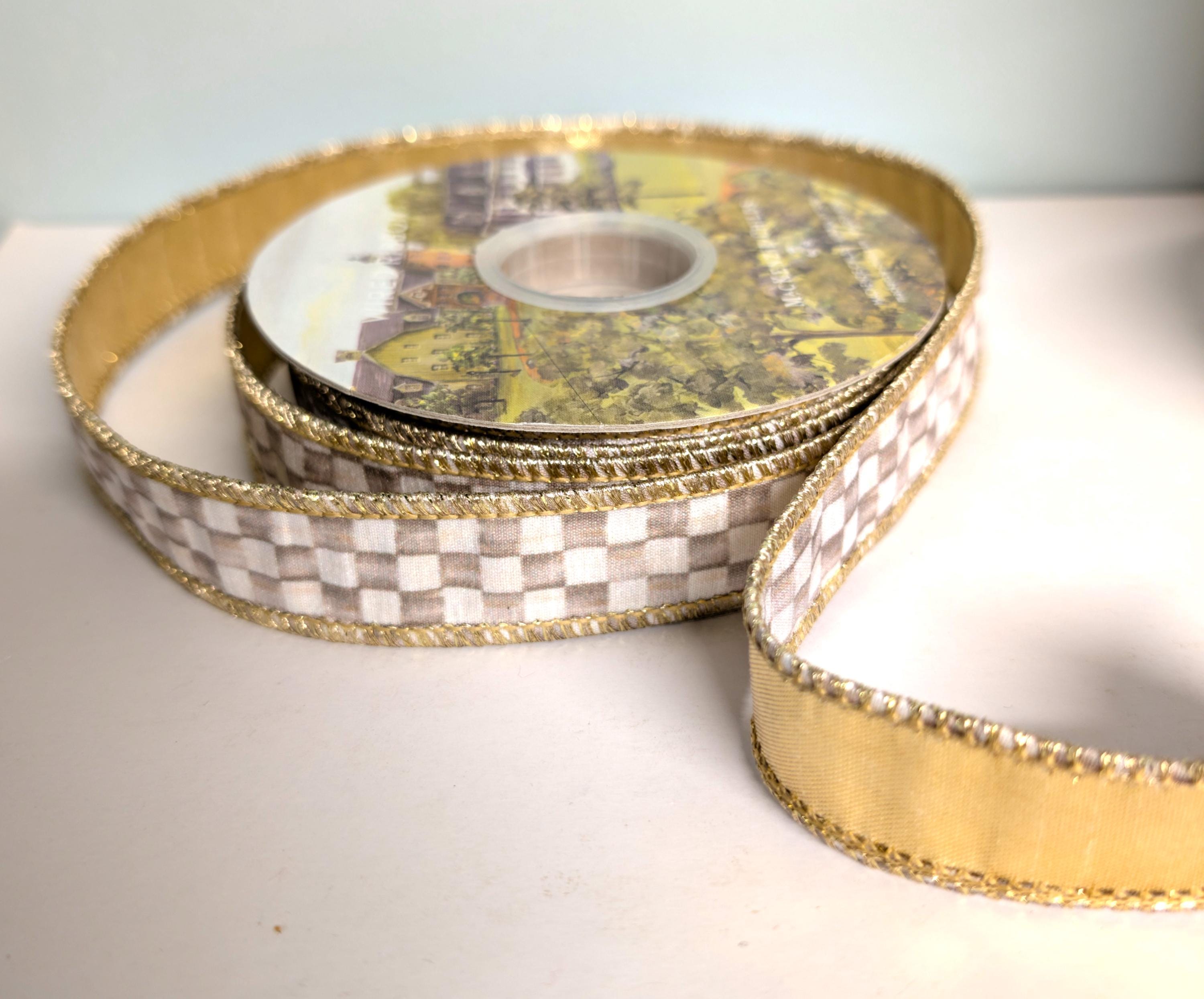 Mackenzie Childs Mocha Check Ribbon: 1 Inch Brown Gold Metallic