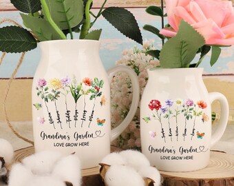 Vase de fleurs de jardin de grand-mère personnalisé, vase de fleurs de nom de petit-enfant personnalisé, vase de fleurs de grand-mère, cadeau de fête des mères, cadeau de grand-mère, cadeau pour grand-mère
