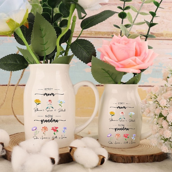 Personalisierte erste Mama jetzt Oma Vase, benutzerdefinierte Oma Garten Blumenvase, Kindermädchen Vase, Keramikvase, Muttertagsvase, Kindermädchen Geschenk, Geschenk für Mama