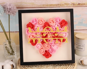 Personalized Flower Heart Shadow Box for Mom,Roses Shadowbox with Names, Mothers Day Gifts For Grandma,Gift For Mom,Grandma's Garden Gift