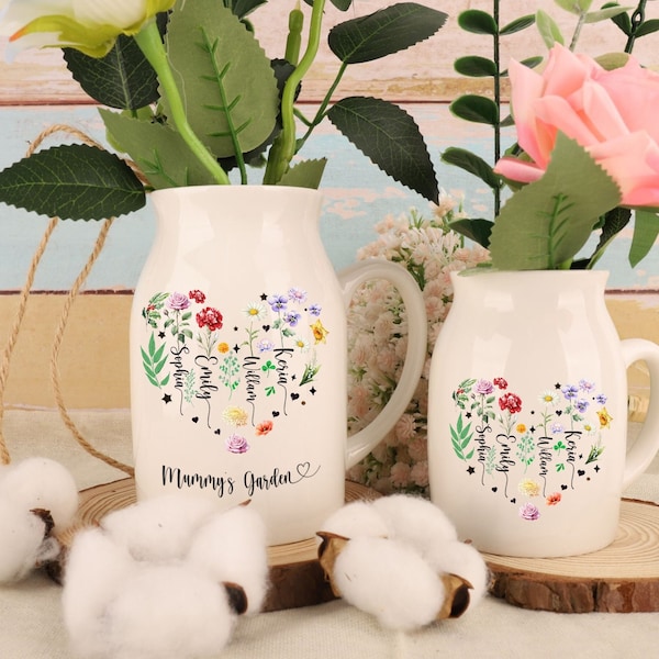 Vase de fleurs de jardin de grand-mère personnalisé, vase de fleurs de nom d'enfant personnalisé, vase en céramique, vase de nounou, vase de fête des mères, cadeau nounou, cadeau pour maman grand-mère