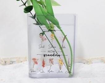 Personalized First Mom Now Grandma Vase,Custom Acrylic Book Vase for Flowers,Book Vase Decor Gift for Book Lovers,Mother's Day Gift for Mom