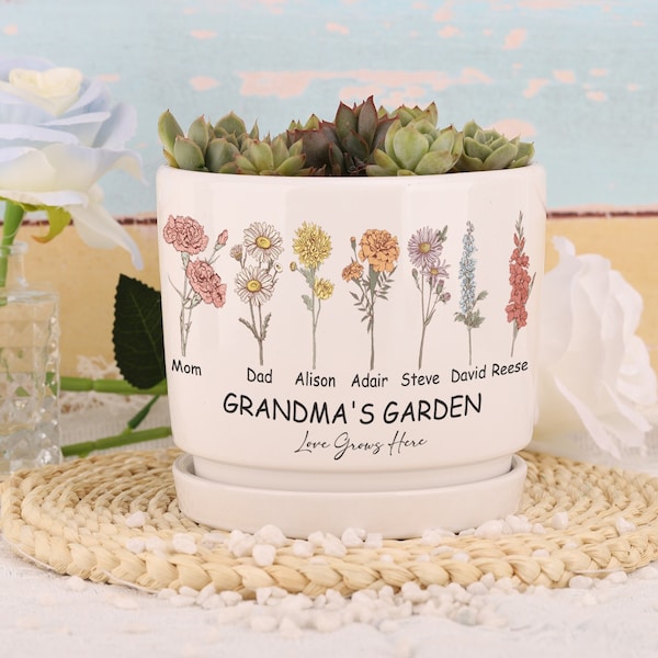 Personalized Birth Flower Plant Pot,Grandma's Garden Plant Pot,Outdoor Flower Pot With Month Flower,Mothers Day Gift for Grandma Mom Nana