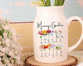 Vase de fleurs personnalisé pour le jardin de grand-mère, vase de fleurs en céramique, fleur de mois d'anniversaire personnalisé et vase pour prénom, cadeau de fête des mères, cadeau pour grand-mère, maman