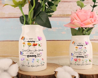 Personalized Grandma's Garden Vase, Ceramic Flower Vase,Custom Grandkids Name and Birth Month Flower, Personalized Mom Vase,Gift for Grandma