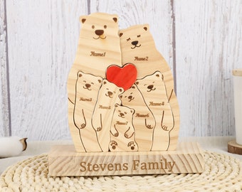 Bärenfamilienpuzzle aus Holz, graviertes Familiennamenpuzzle, Bärenfamilienholzpuzzle, Familienandenkengeschenk, Tierfamilie, Vatertagsgeschenk für Papa