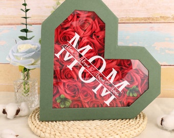 Personalized Flower Heart Shadow Box for Mom,Roses Shadowbox with Names,Heart Rose Display Case,Flower Gift Box For Mom Grandma Nana