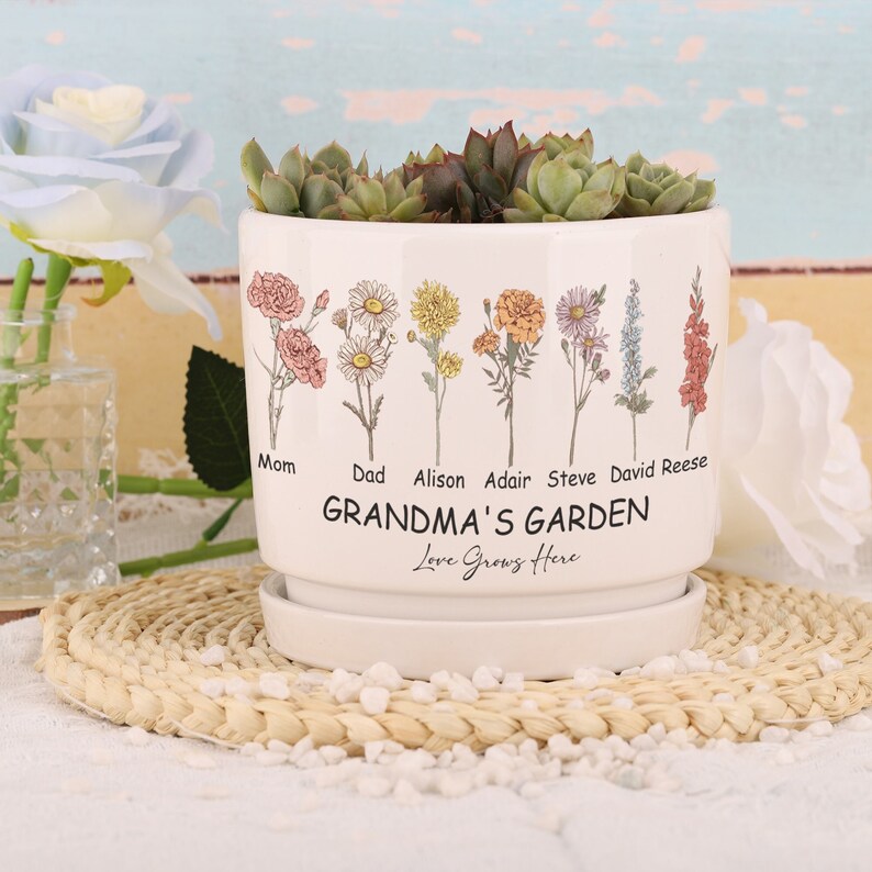 Personalized Birth Flower Plant Pot,Grandma's Garden Plant Pot,Outdoor Flower Pot With Month Flower,Mothers Day Gift for Grandma Mom Nana image 1