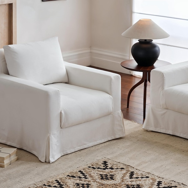 White Armchair Cottton Linen Slipcover, Custom Sizes, Removable and Washable