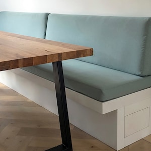 Azure bench cushions, custom sized ballroom cushions, velvet cushions, window seat backs, cabinet cushions, handmade.