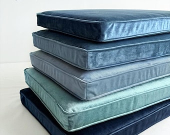Custom Size Plush Bench Cushion, Shiny Glossy Velvet Seat Pad, 3” Thick Foam with Zipper, Piping & Washable Removable Cover