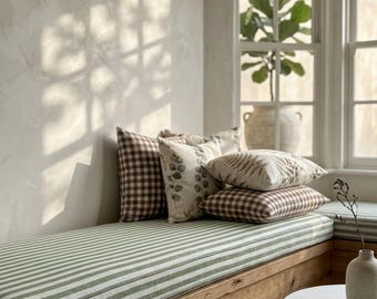 Cojín para ventana de 7,6 cm (3 pulgadas) con rayas verdes, cojín personalizado para asiento de ventanal, almohadilla de espuma gruesa para banco de alféizar con funda extraíble, decoración acogedora para el hogar.