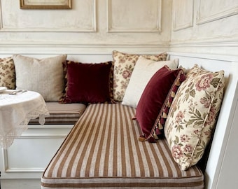 Durable striped cushion, handmade bay window cushion, French style cushion, L-shaped bench cushion