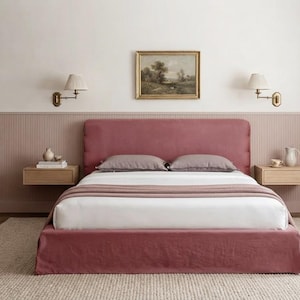 Headboard Slipcover and Bed Skirt Set, Natural Linen, Custom Made Linen Headboard Cover, Foot board Cover, Any size, Twin, Full and more.